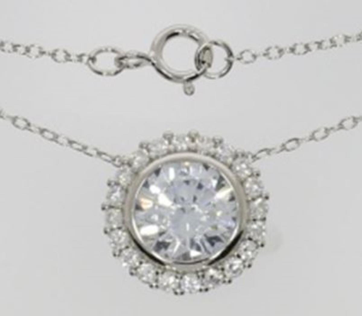 Sterling Silver Rhodium Micropave 8mm Rd Bezel Halo 16" Necklace
