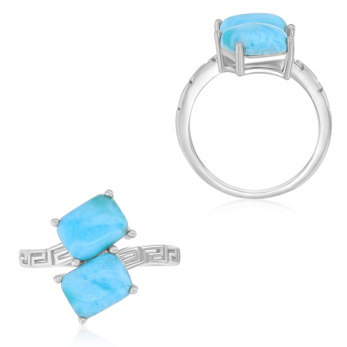 Sterling Silver Rhodium 11X17 Two Emerald Cut Stone Larimar Bypass Ring