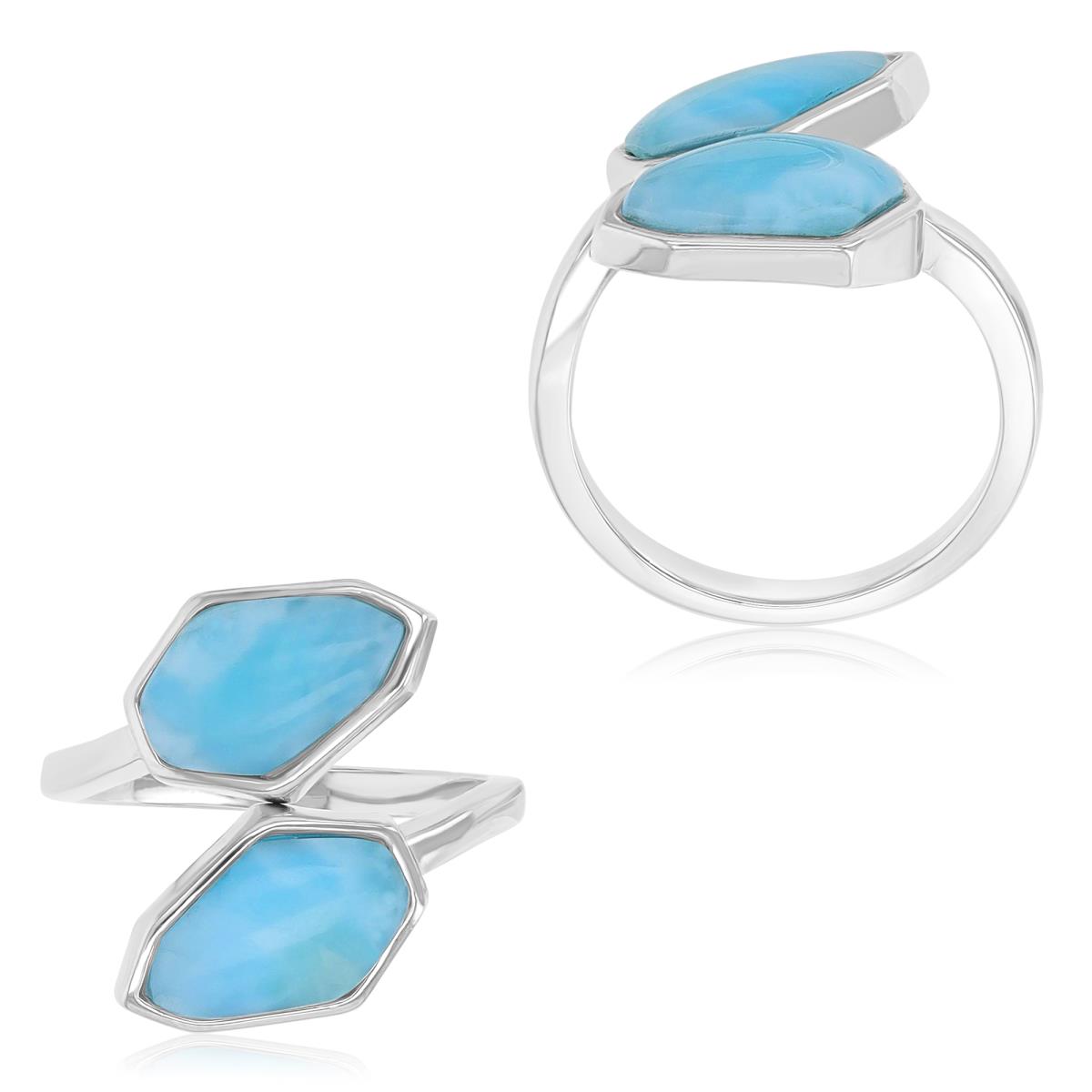 Sterling Silver Rhodium 18.5mm Larimar Two Stone Bypass Fashion Ring