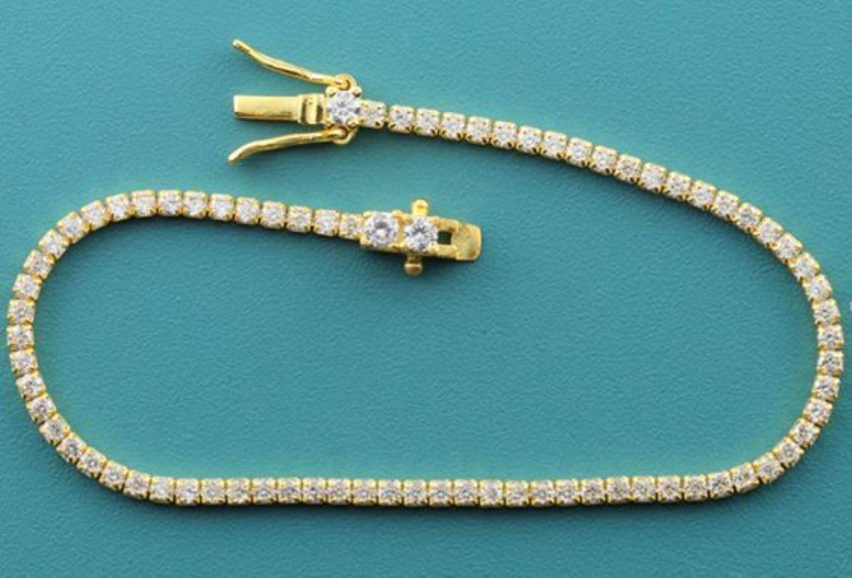 Sterling Silver Yellow 2mm Clear Round 7" Tennis Bracelet