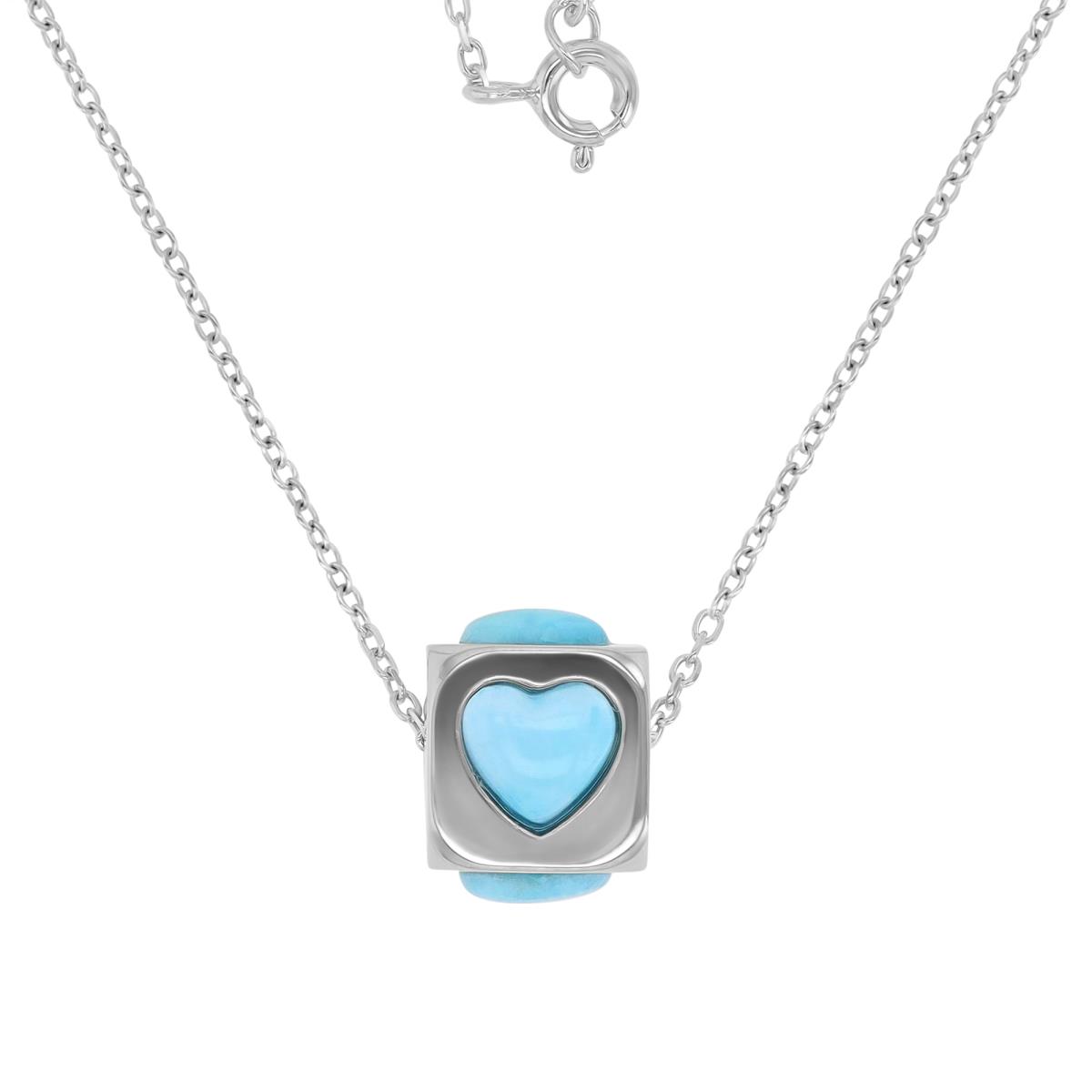 Sterling Silver Rhodium & 10.2MM Cube With Larimar Hearts 16+2" Necklace