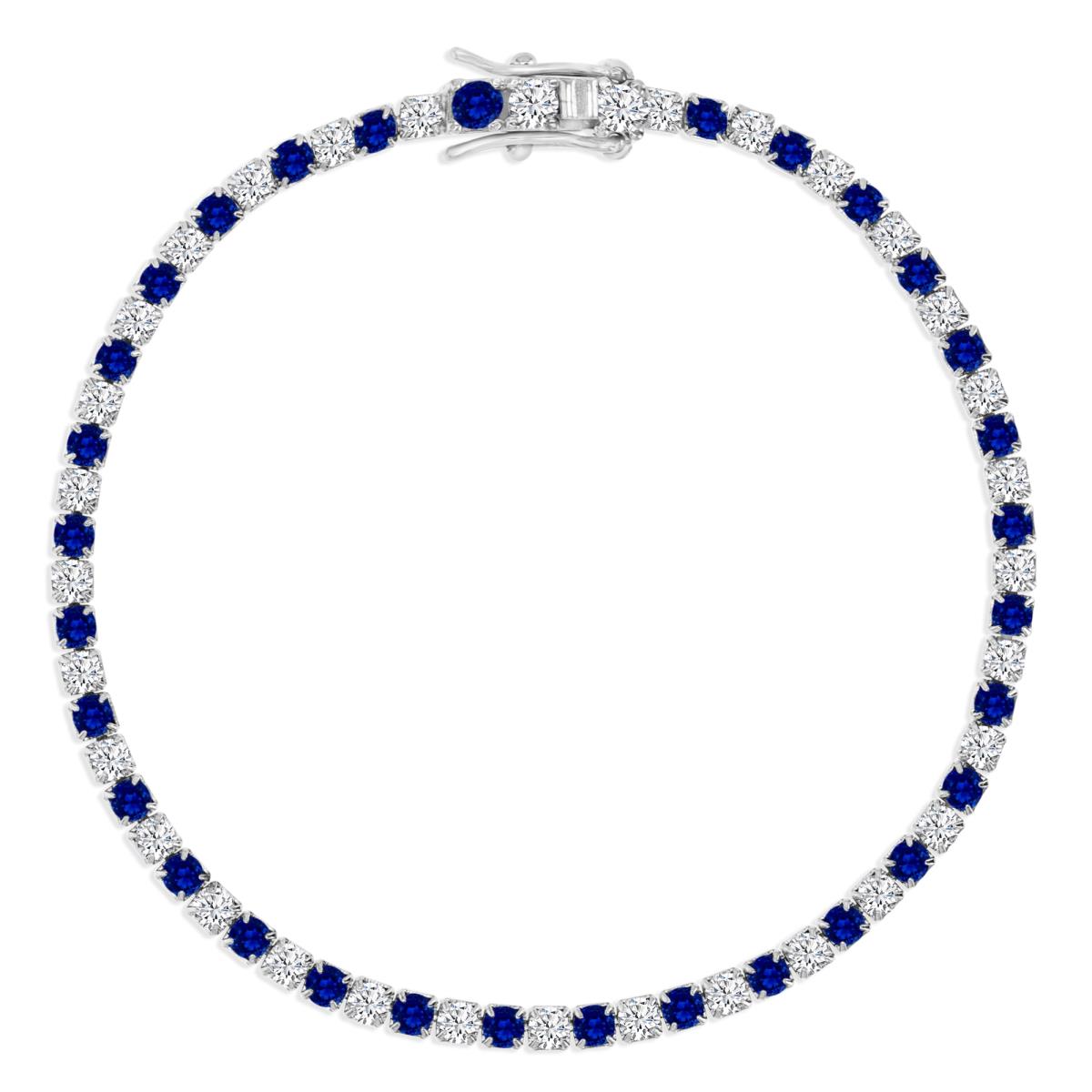 Sterling Silver Rhodium 2.5mm Round White CZ & Sapphire Blue 7" Tennis Bracelet