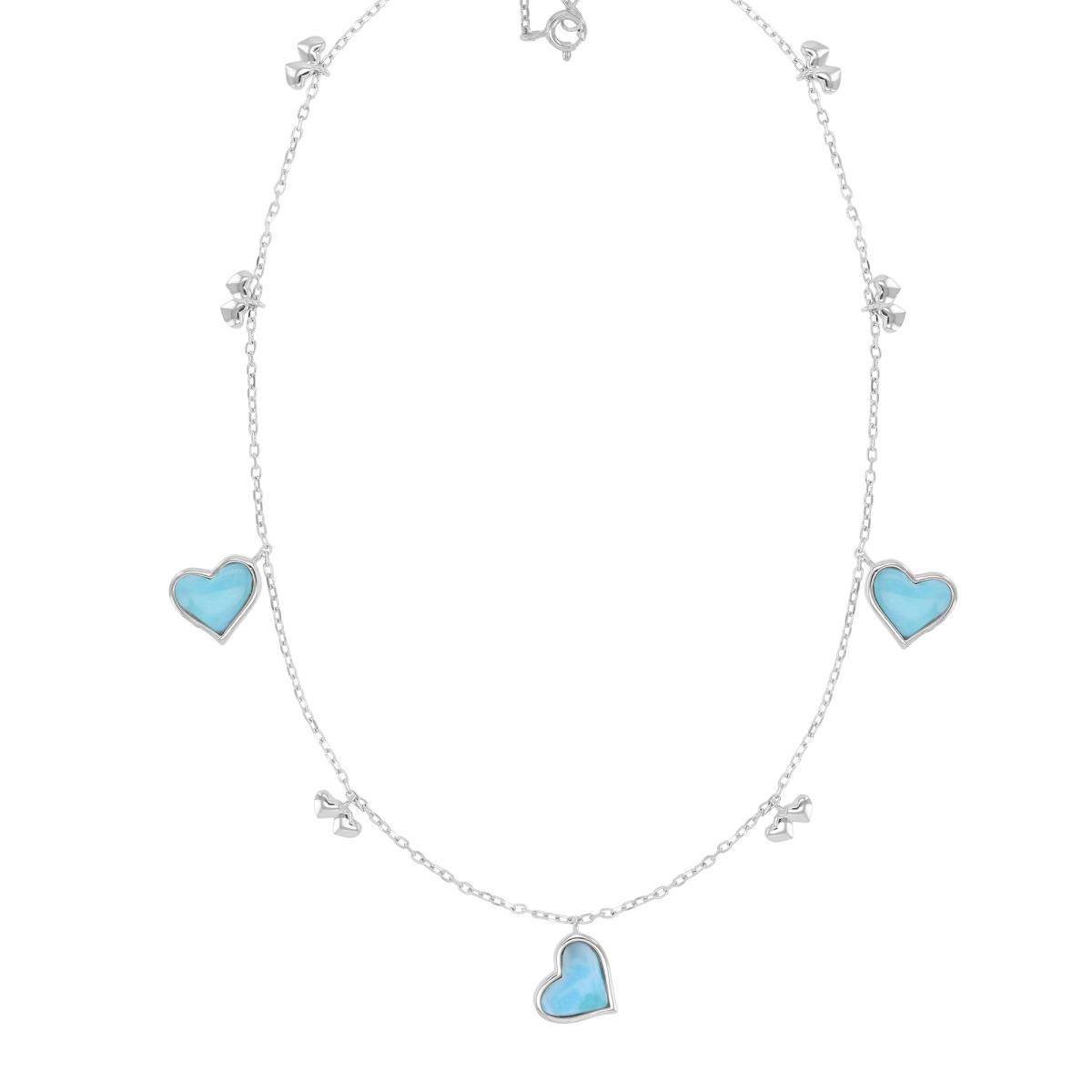 Sterling Silver Rhodium 9.5X12mm Heart Larimar Stations 16+2" Necklace