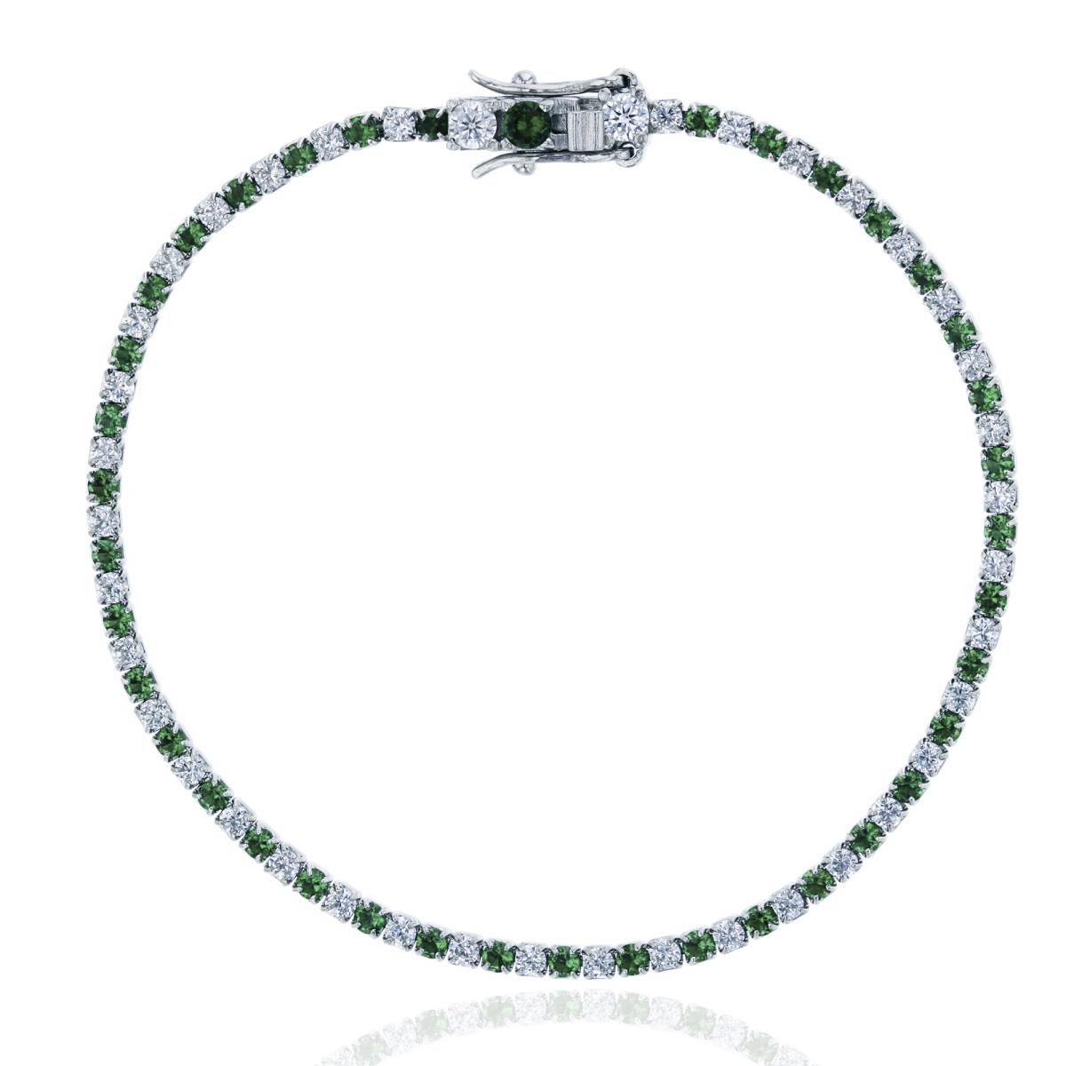 Sterling Silver Rhodium 2mm Clear&Emerald Green Round CZ 7" Tennis Bracelet