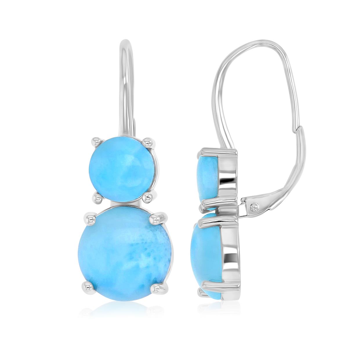Sterling Silver Rhodium 10X28mm Two Round Larimar Stone Lever Back Earring