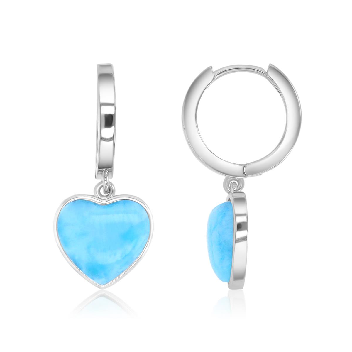 Sterling Silver Rhodium 12.8X28 Larimar Heart Bezel Dangling Earrings