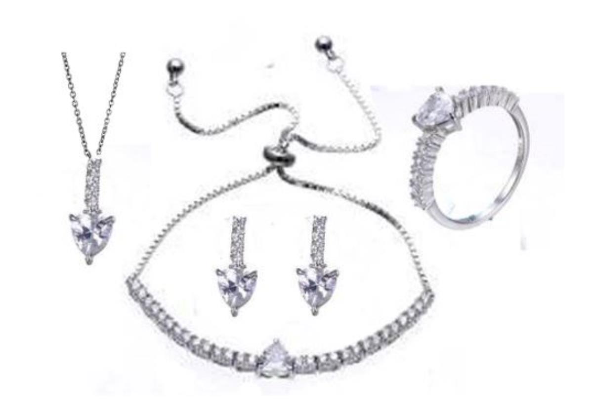 Sterling Silver Rhodium 6mm Heart Cut Jewelry Set (Bracelet, Earring, Ring and 18" Necklace)