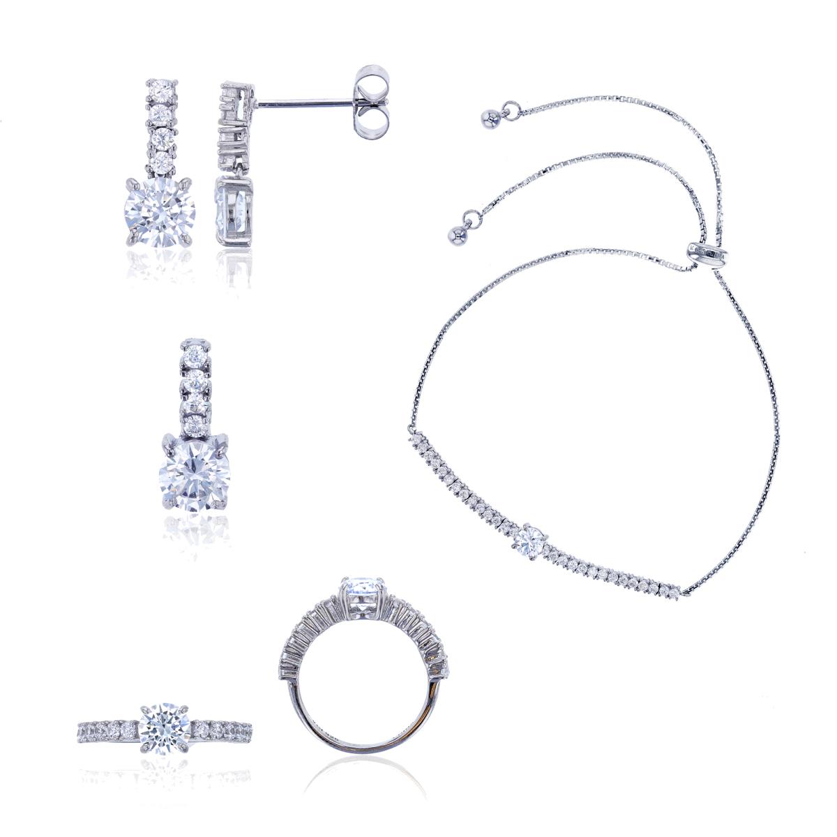 Sterling Silver Rhodium 6mm Round Cut Jewelry Set (Bracelet, Earring, Ring and 18" Necklace)