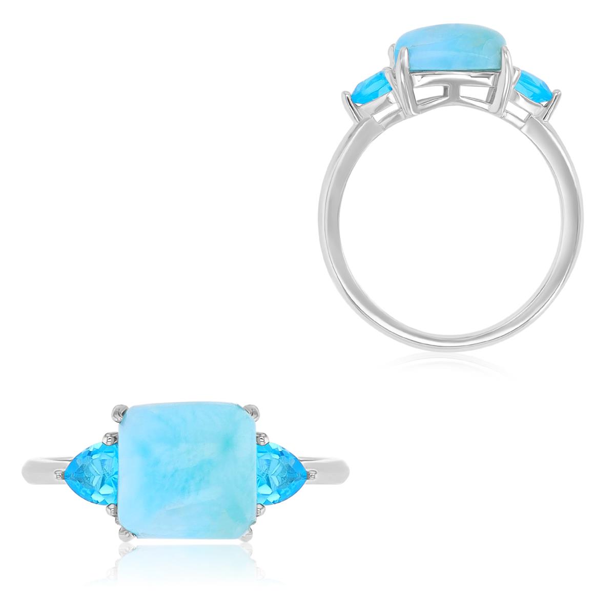 Sterling Silver Rhodium 9.5X17mm Square Larimar & Trillion Cut Blue Glass Three Stone Fashion Ring