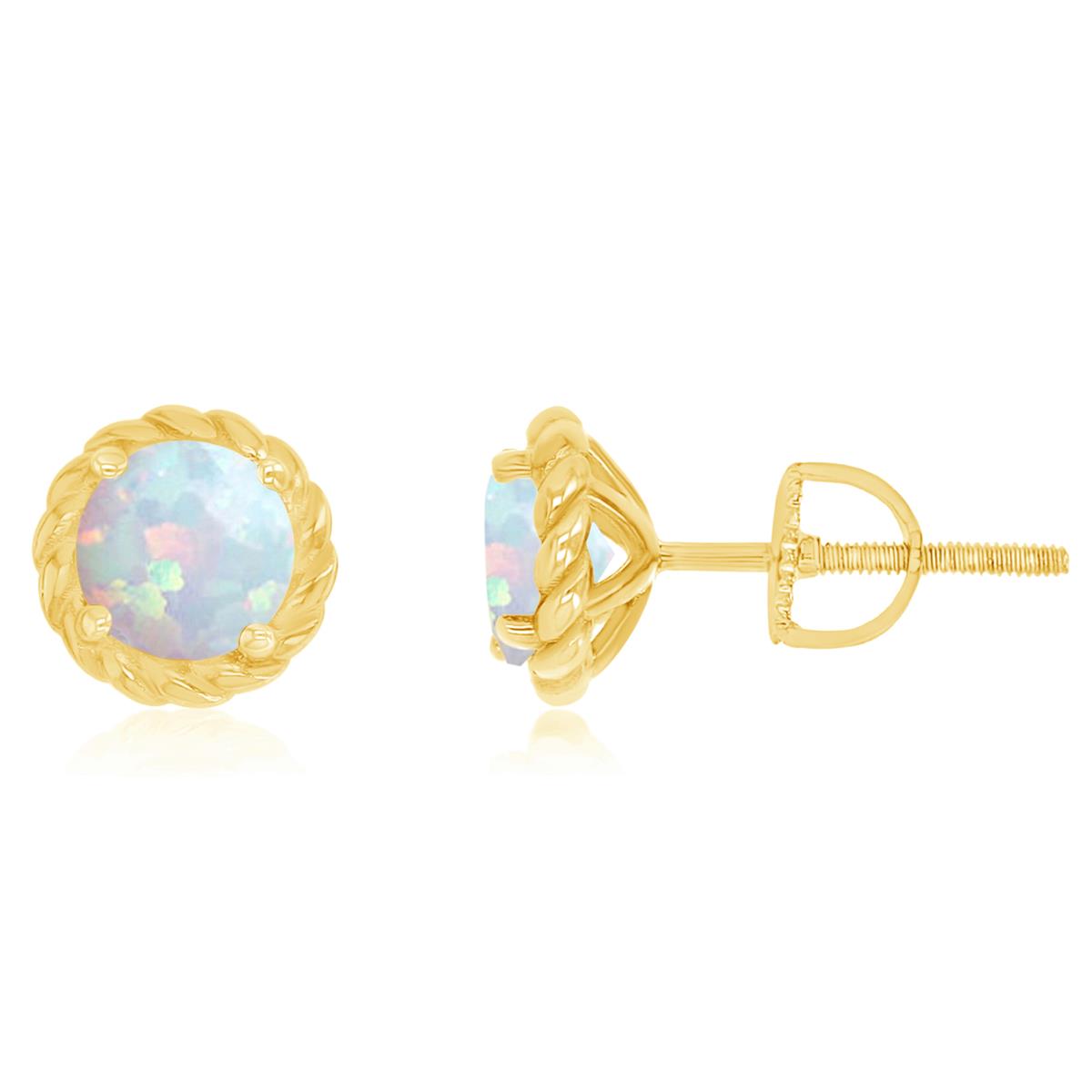 14K Yellow Gold 6mm Round Created Opal Rope Screwback Stud Earring