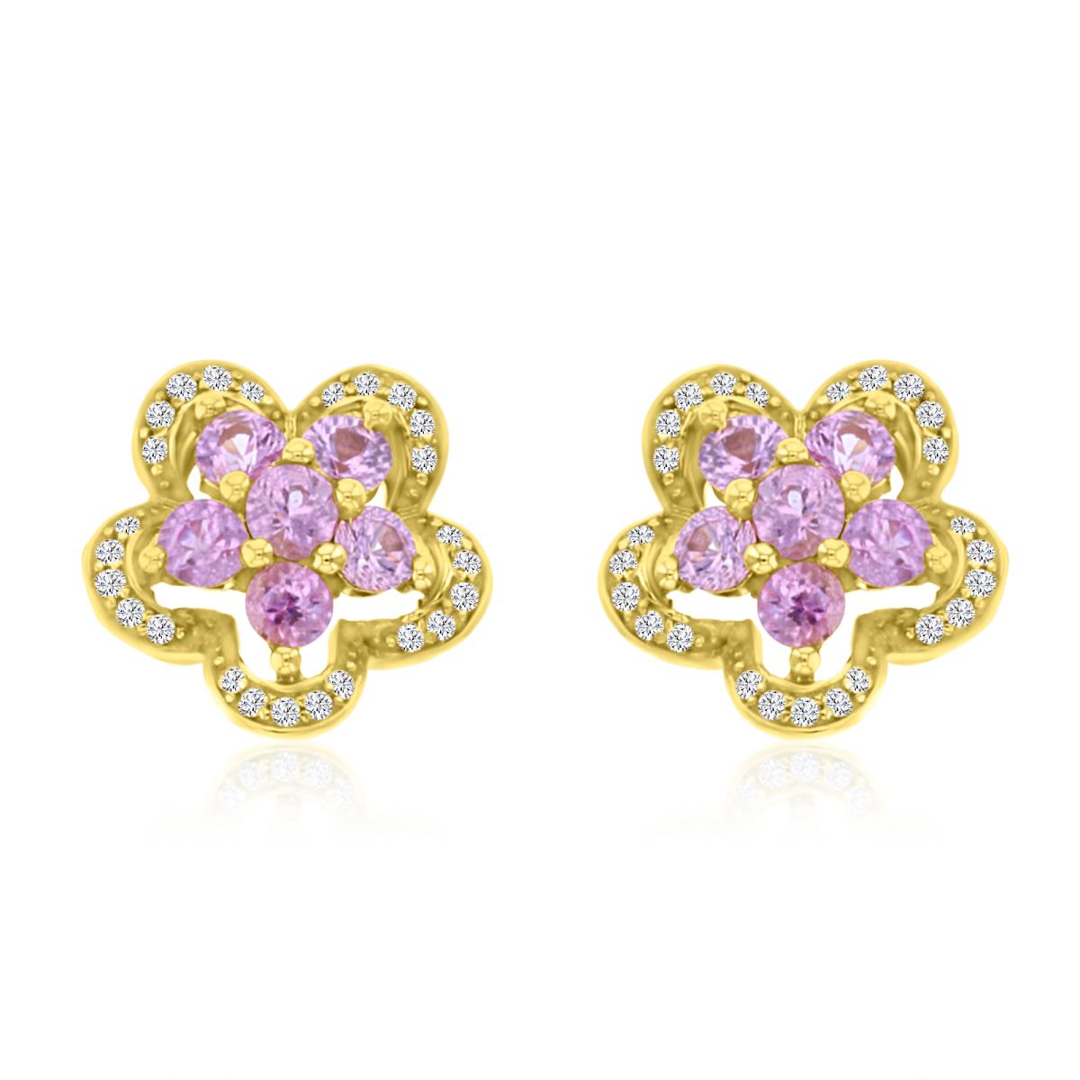 14K Yellow Gold 0.15 cttw Rnd Diamonds & Rnd Pink  Sapphire Flower Stud Earrings
