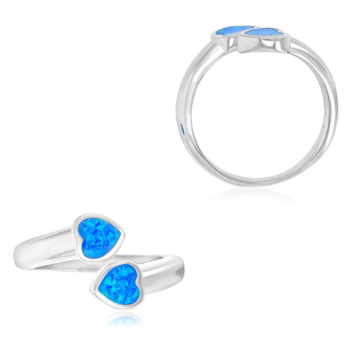 Sterling Silver Rhodium 12mm Created Blue Opal Two Hearts Fashion Ring