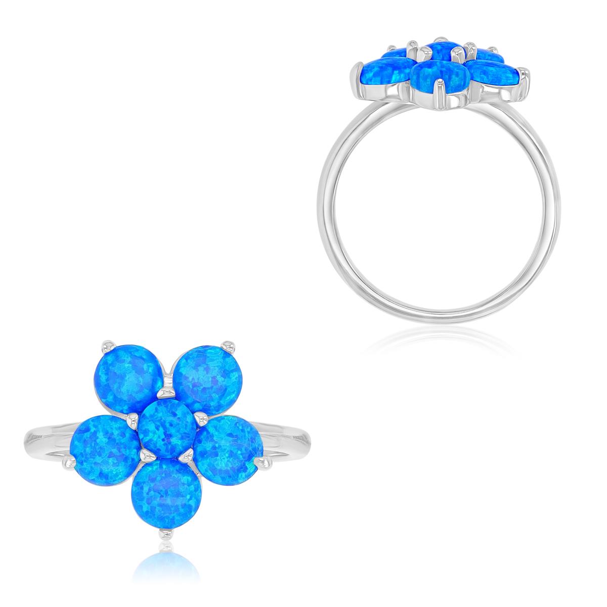 Sterling Silver Rhodium 14mm Created Blue Opal Flower Fashion Ring