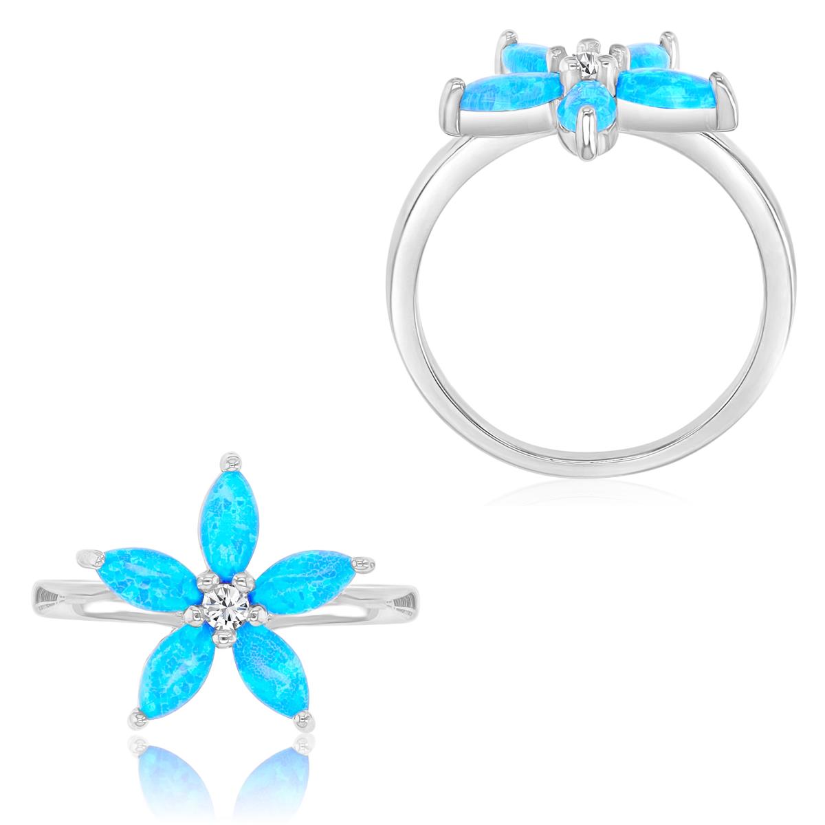 Sterling Silver Rhodium 14mm Created Blue Opal & White CZ Flower Fashion Ring