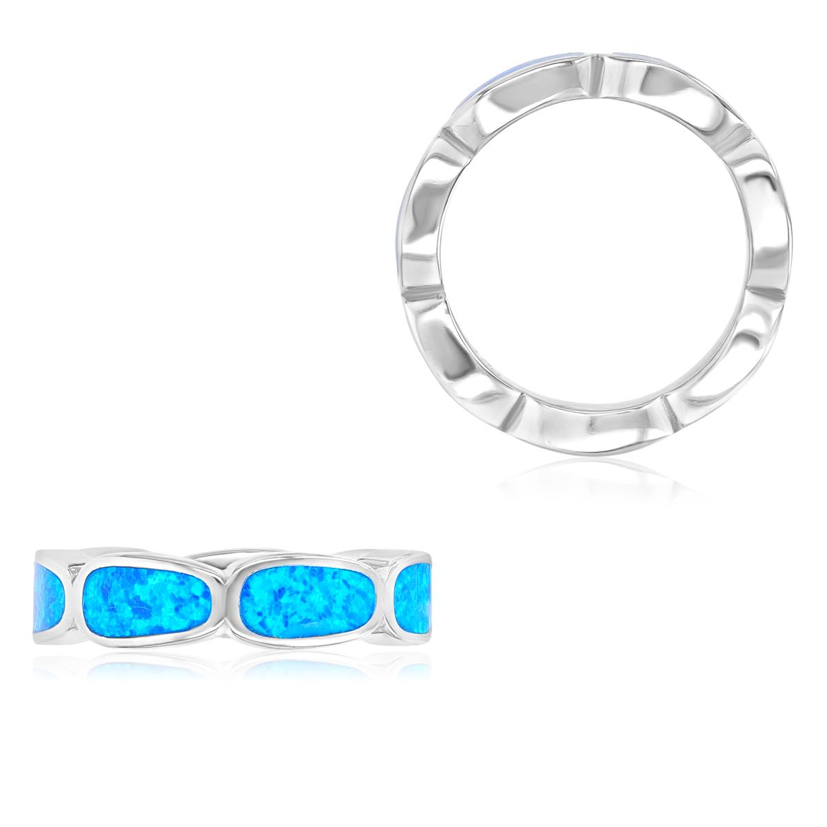 Sterling Silver Rhodium 5.5mm Created Blue Opal Eternity Ring