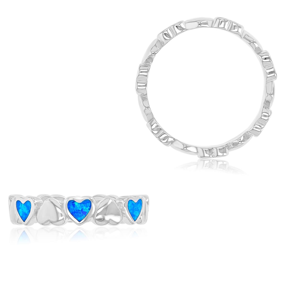Sterling Silver Rhodium 4mm Created Blue Opal Hearts Eternity Ring