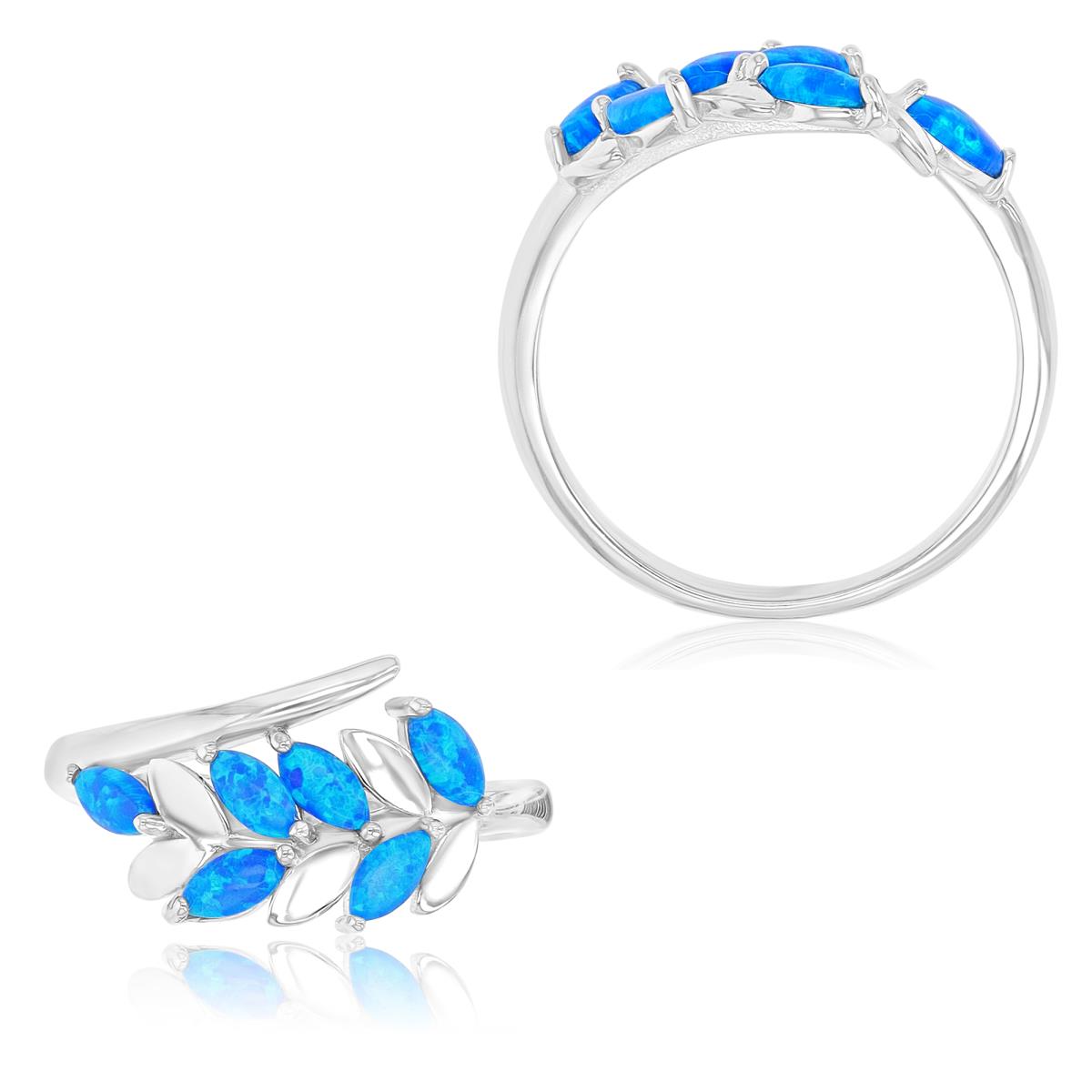 Sterling Silver Rhodium 11.5mm Created Blue Opal Leaf Fashion Ring