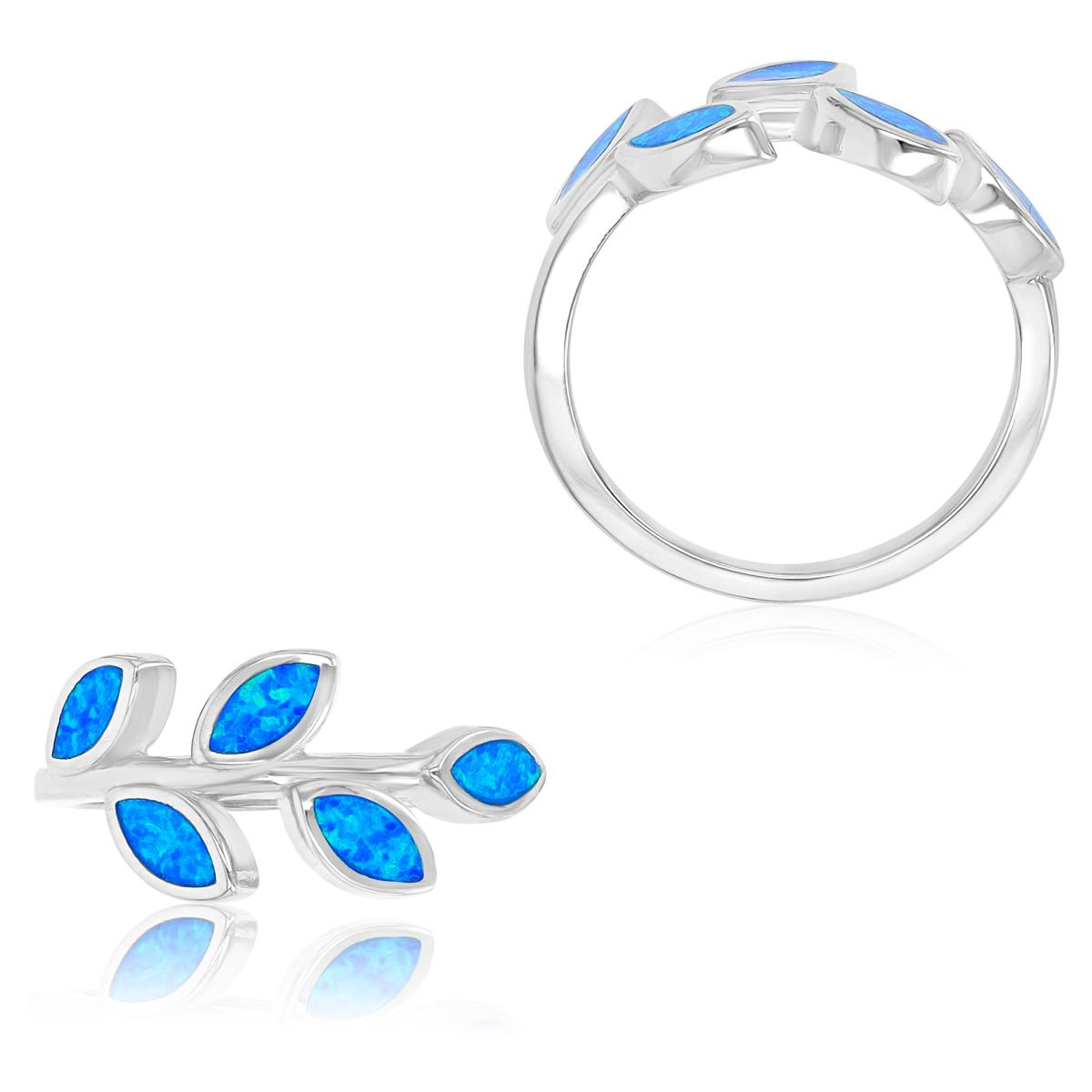 Sterling Silver Rhodium 10mm Created Blue Opal Leaf Fashion Ring