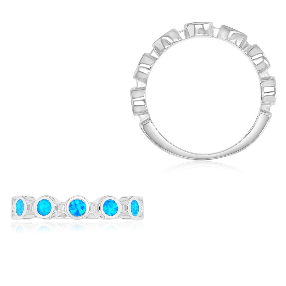Sterling Silver Rhodium 4mm Created Blue Opal Half Eternity Fashion Ring