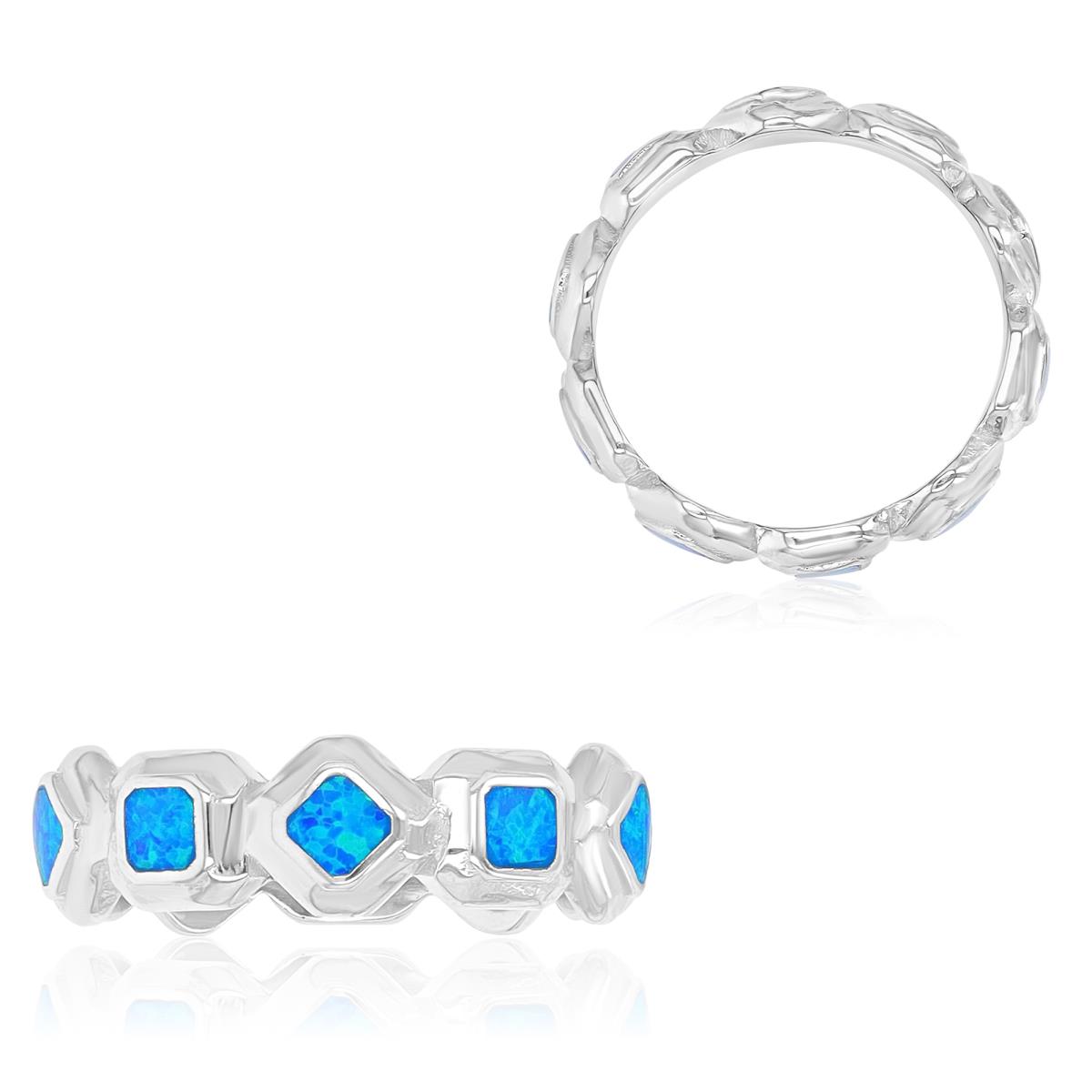 Sterling Silver Rhodium 6mm Created Blue Opal Mixed Shape Eternity Ring