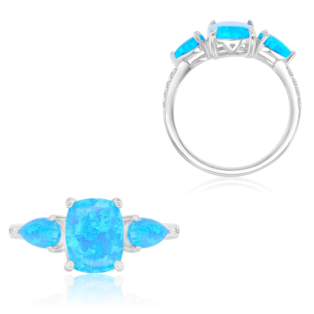 Sterling Silver Rhodium 9X19mm Created Blue Opal & White CZ 3 Stone Fashion Ring