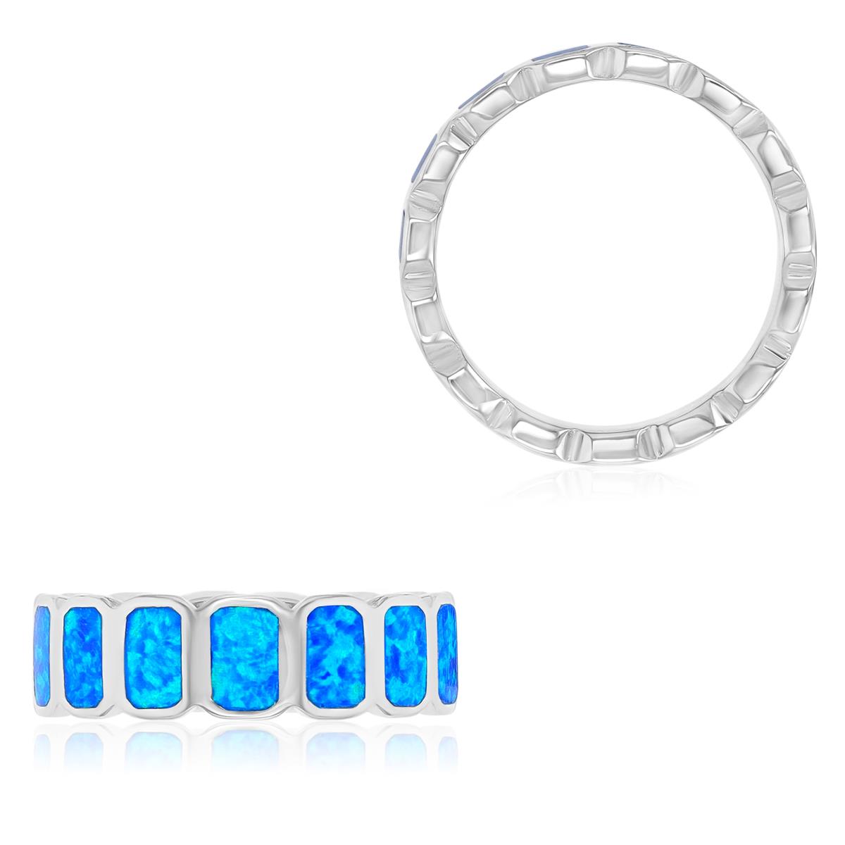Sterling Silver Rhodium 6mm Created Blue Opal Eternity Ring