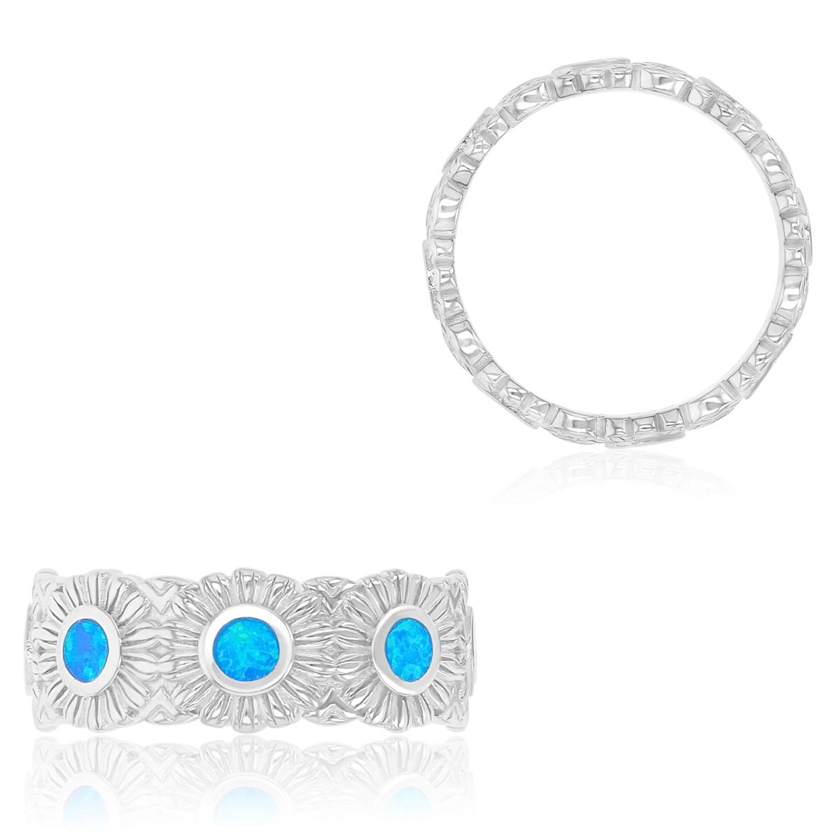 Sterling Silver Rhodium 7.5mm Created Blue Opal Flowers Eternity Ring