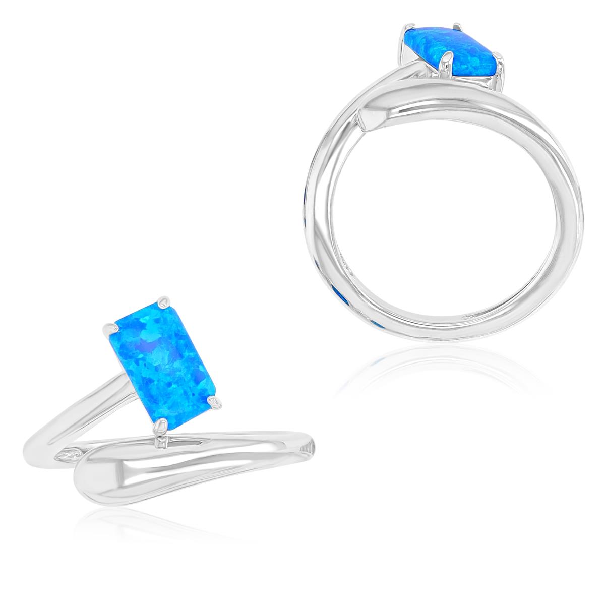 Sterling Silver Rhodium 5.5X9mm Created Blue Opal  Bypass Fashion Ring
