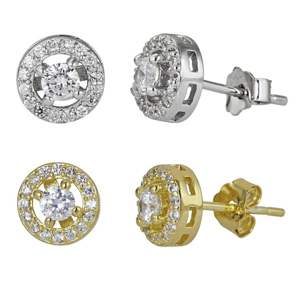 Sterling Silver Rhodium & Sterling Silver Yellow 7.00x7.00mm Halo Solitaire Stud Earring Set