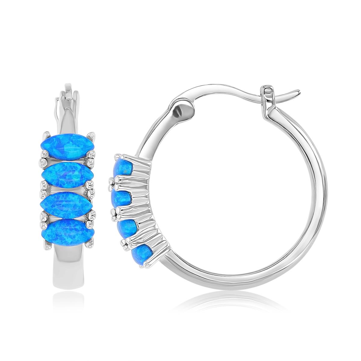 Sterling Silver Rhodium 20mm Created Blue Opal Hoop Earrings