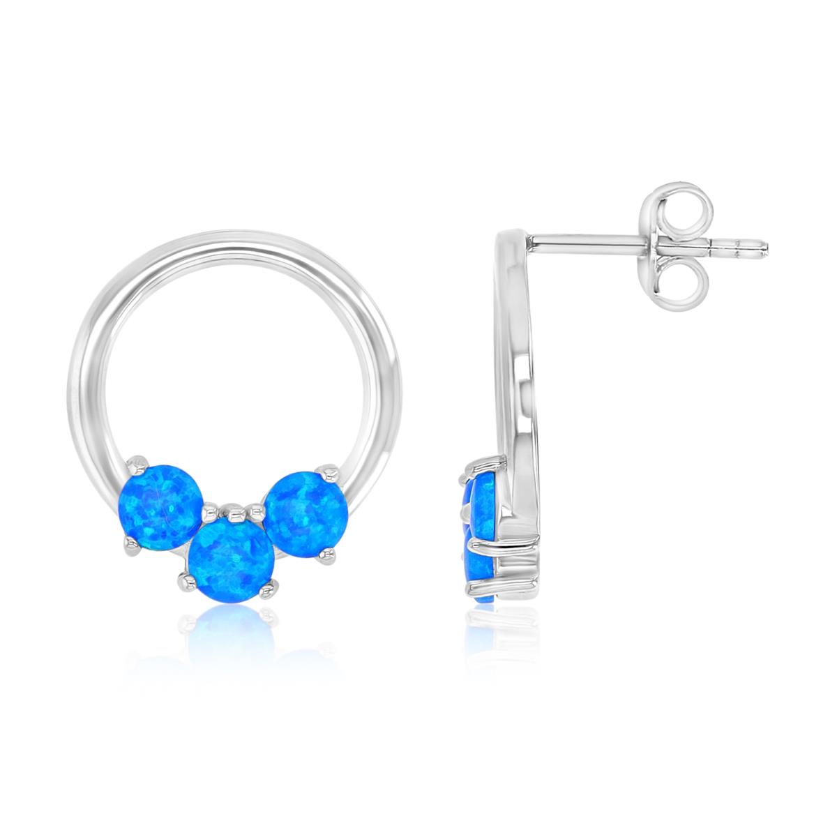 Sterling Silver Rhodium 18mm Created Blue Opal Circle 3 Stones Stud Earrings