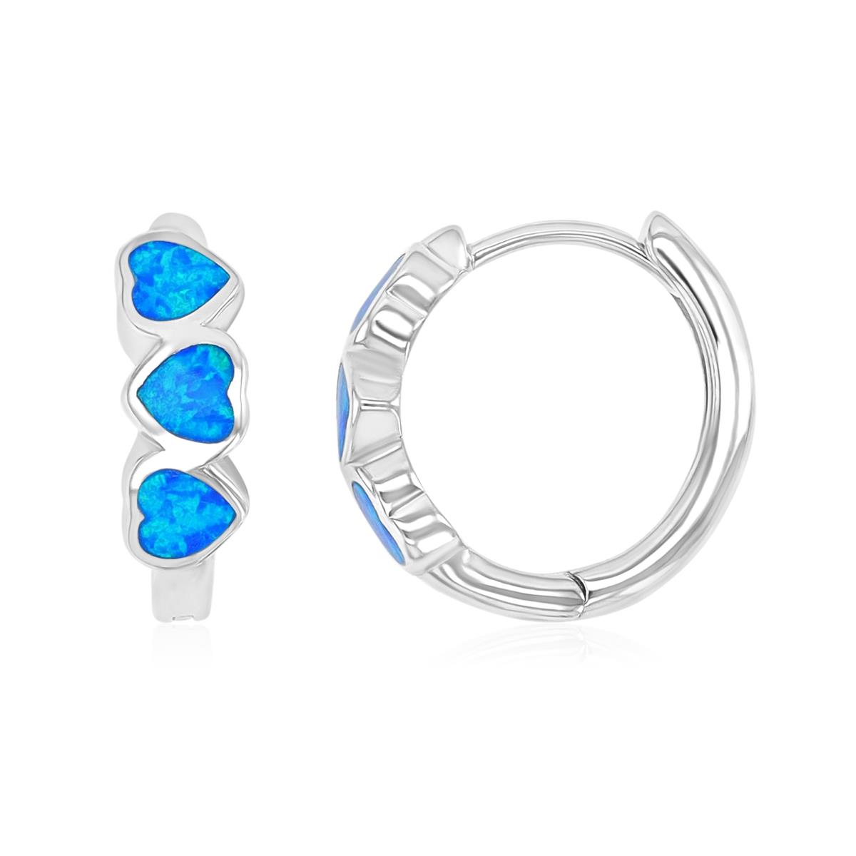 Sterling Silver Rhodium 16mm Created Blue Opal Hearts Huggie Earrings