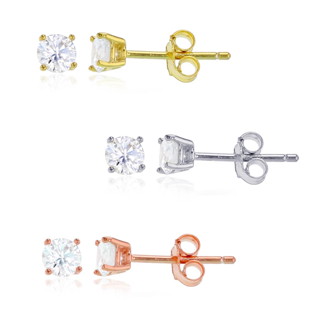 Sterling Silver Rhodium, Yellow, Rose 4.00mm AAA Round Solitaire Stud Earring Set