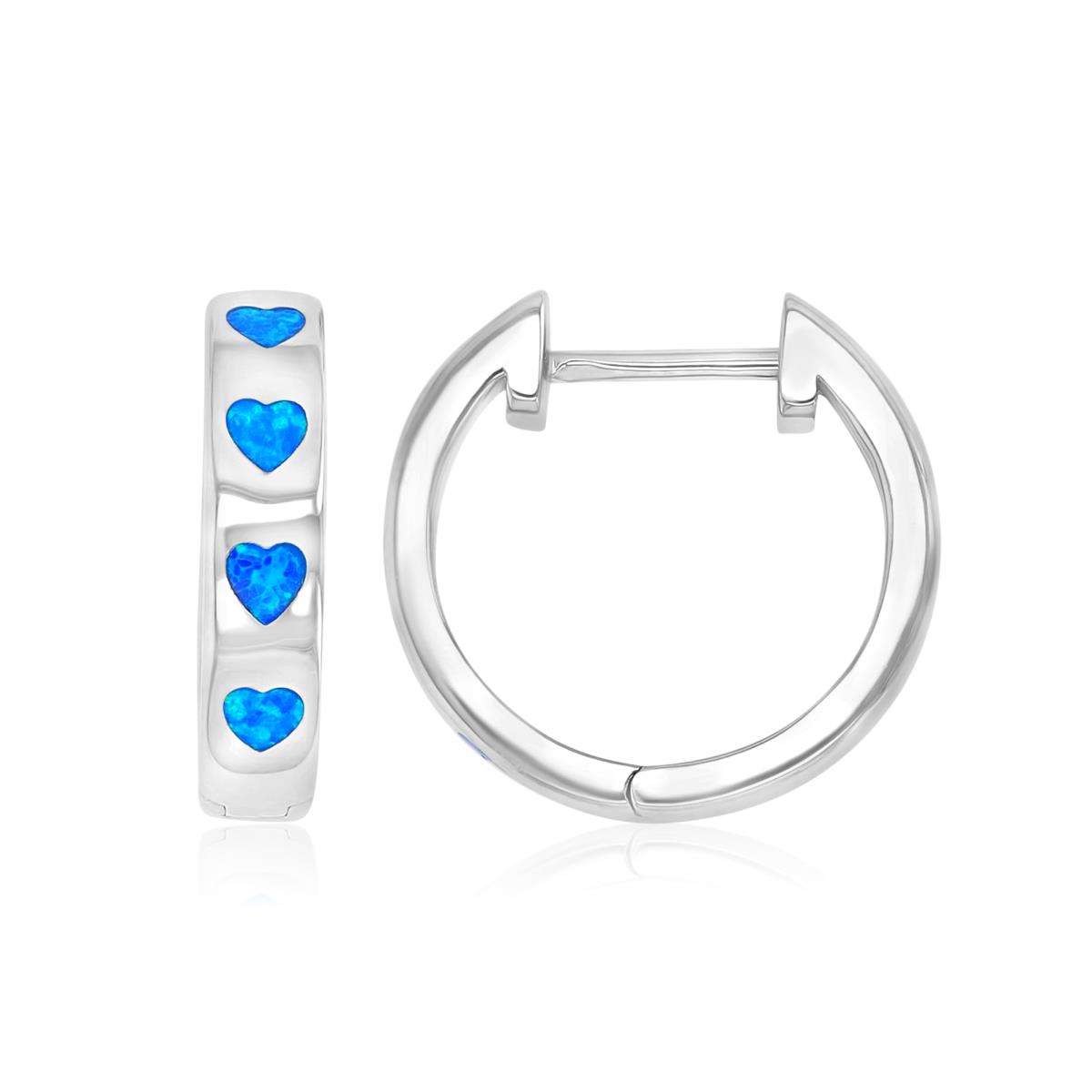 Sterling Silver Rhodium 4.3X16mm Created Blue Opal Hearts Huggie Earrings