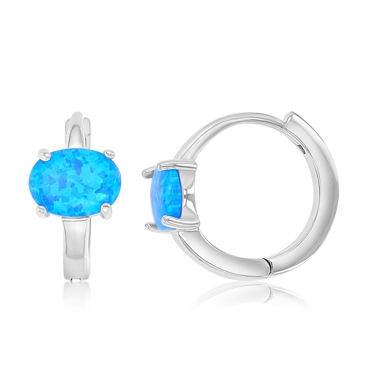 Sterling Silver Rhodium 8X14.5mm Created Blue Opal Huggie Earrings