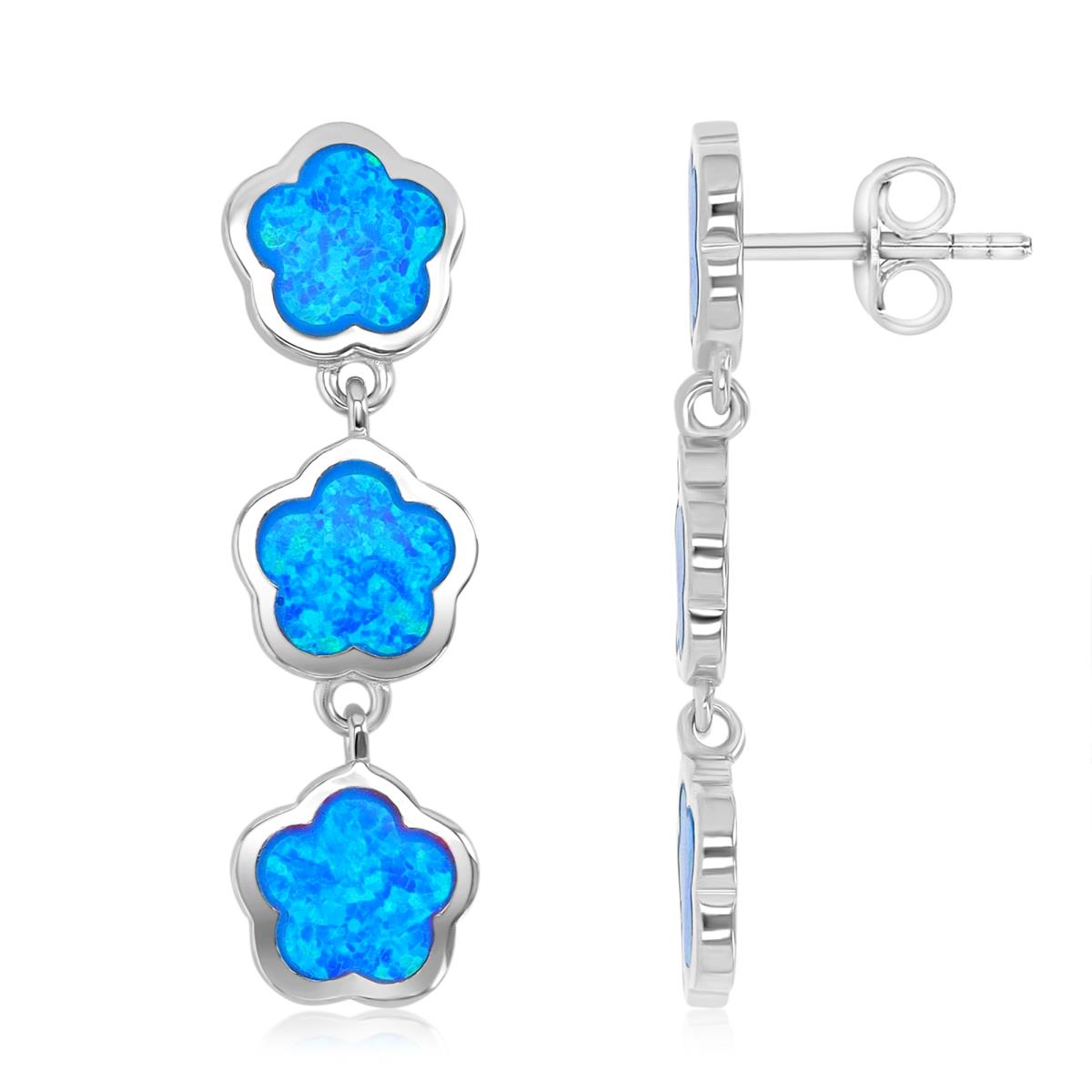 Sterling Silver Rhodium 9X32.5mm Created Blue Opal Flower Dangling Earrings