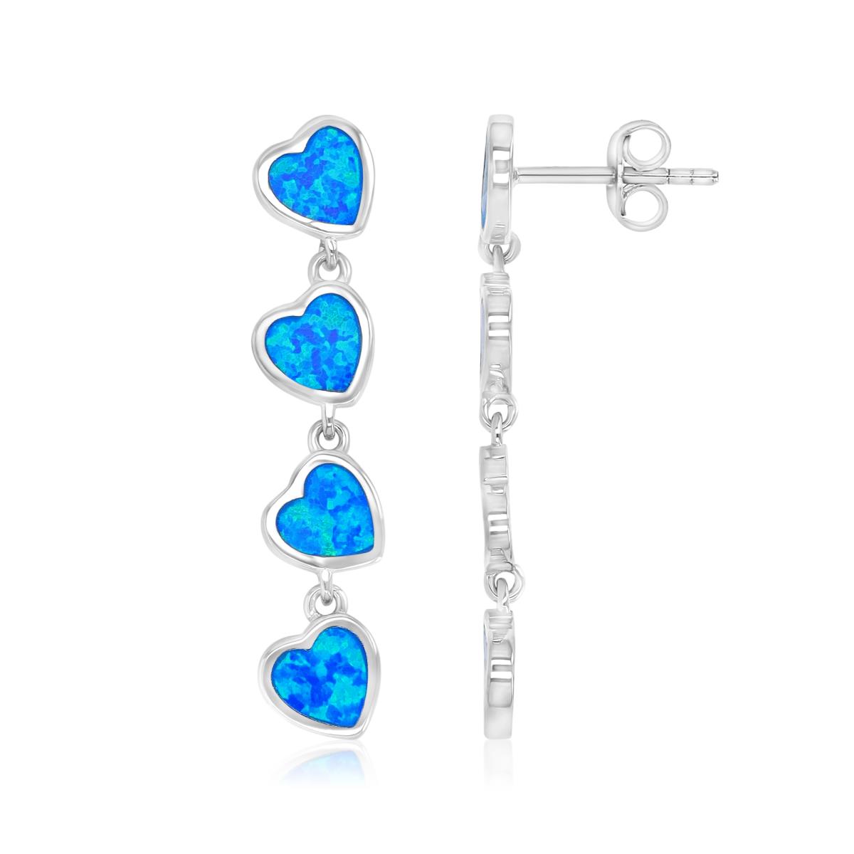 Sterling Silver Rhodium 7X36.5mm Created Blue Opal Hearts Dangling Earrings