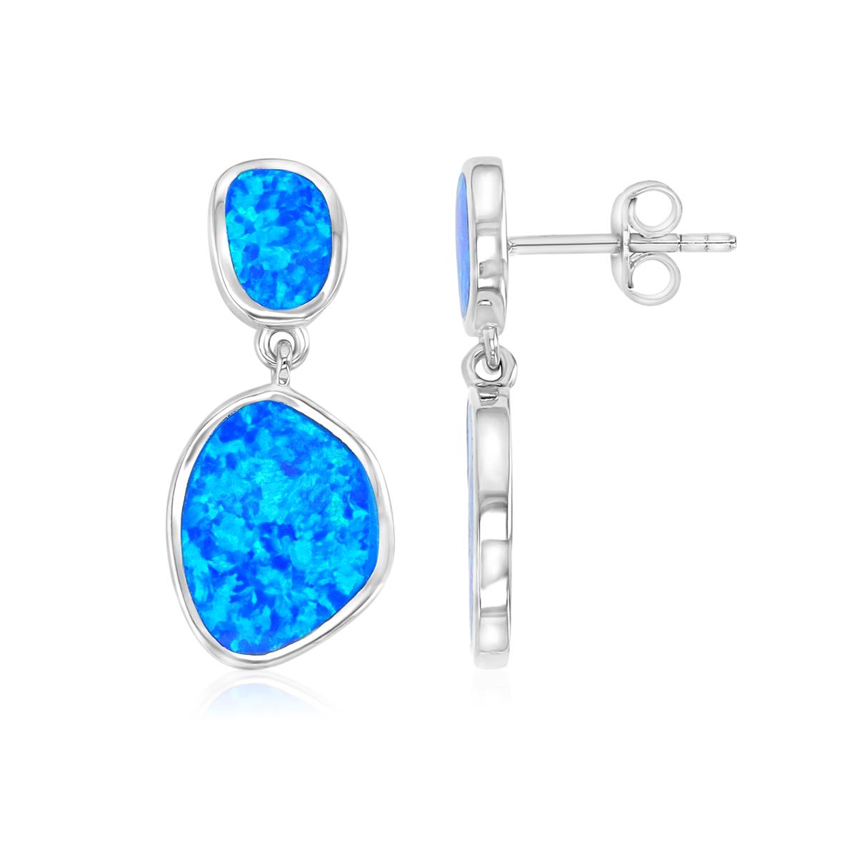 Sterling Silver Rhodium 11X24mm Created Blue Opal Dangling Earrings