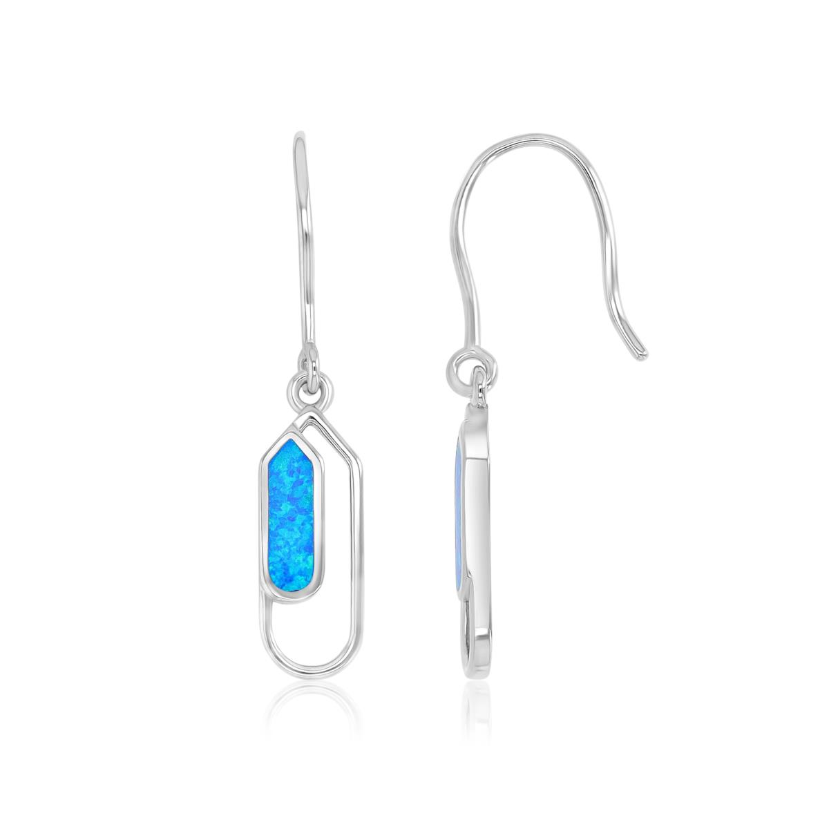 Sterling Silver Rhodium 7.5X40mm Created Blue Opal Dangling Fish Hook Earrings
