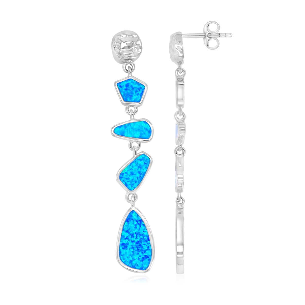 Sterling Silver Rhodium 9X51.5mm Created Blue Opal Multi Shapes Dangling Earrings