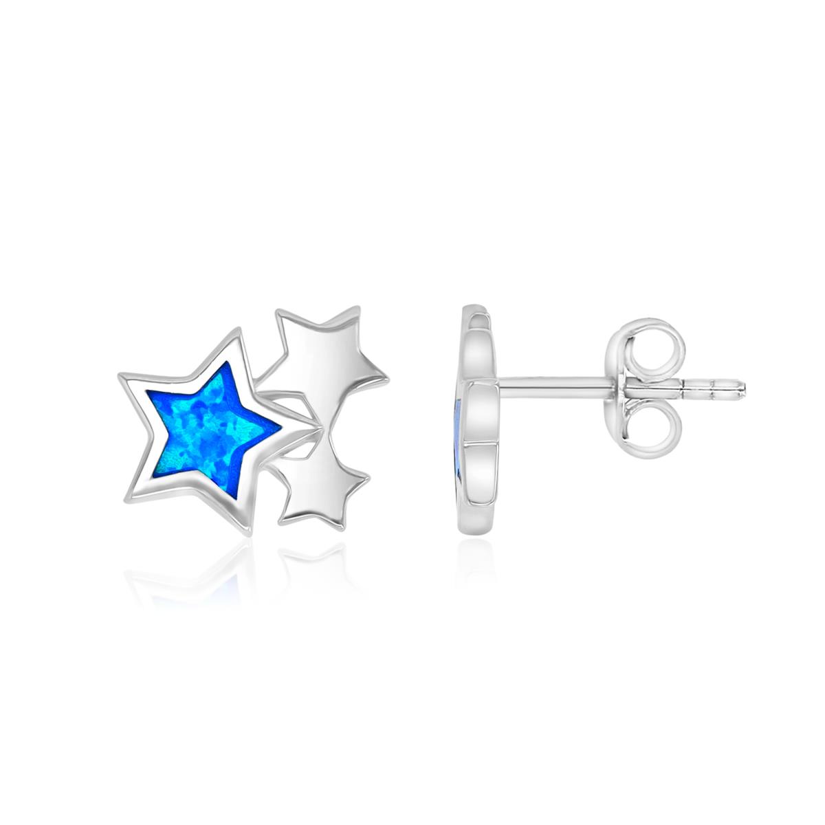 Sterling Silver Rhodium 12.5X14mm Created Blue Opal Stars Stud Earrings