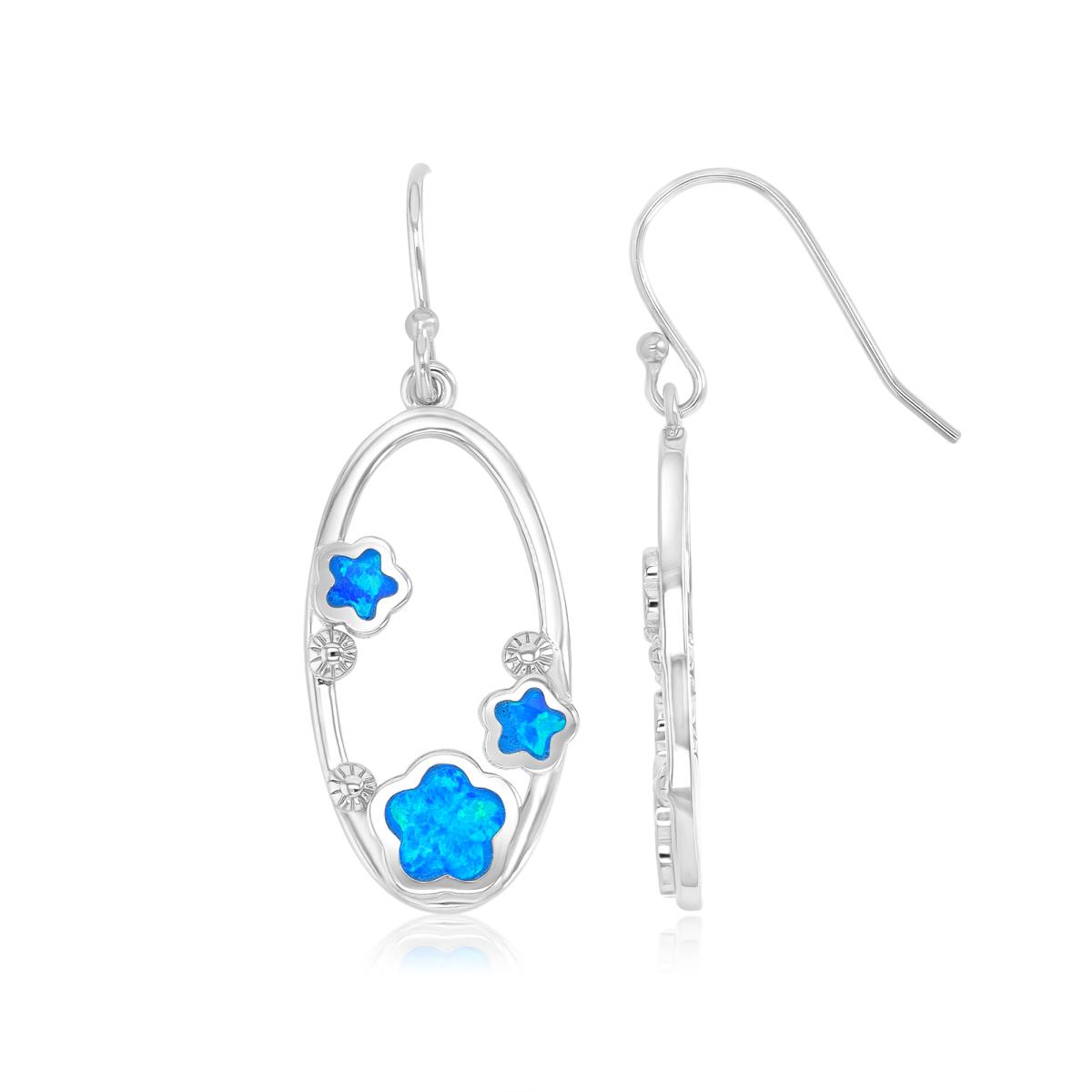 Sterling Silver Rhodium 13.5X39mm Created Blue Opal Oval Fish Hook Earrings