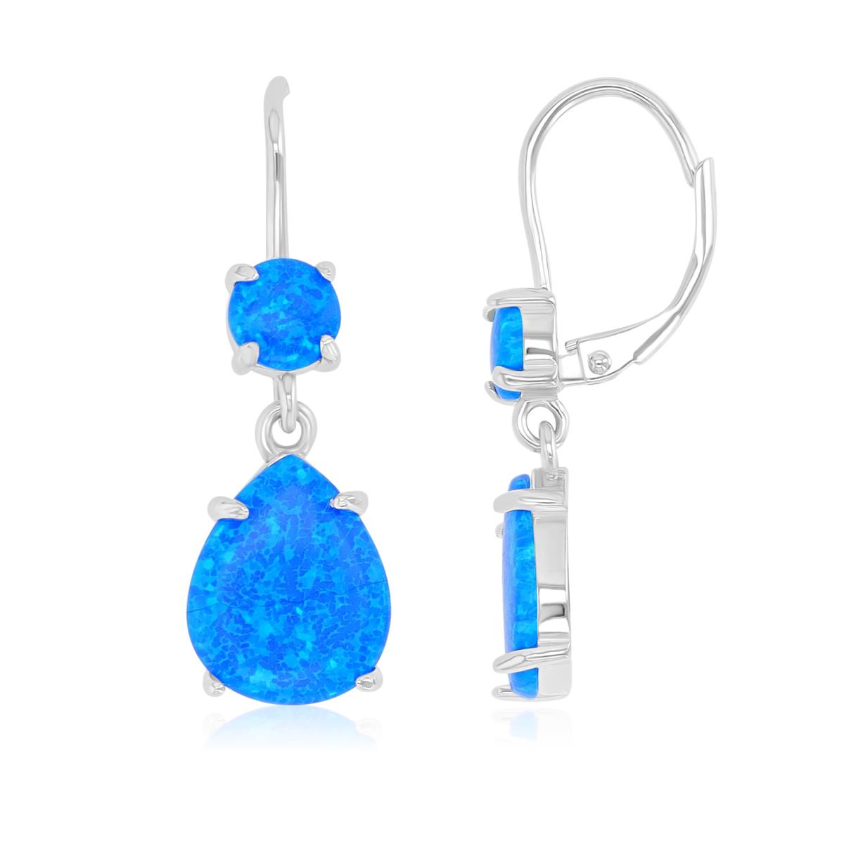 Sterling Silver Rhodium 10X30mm Created Blue Opal Teardrop Dangling Lever Back Earrings