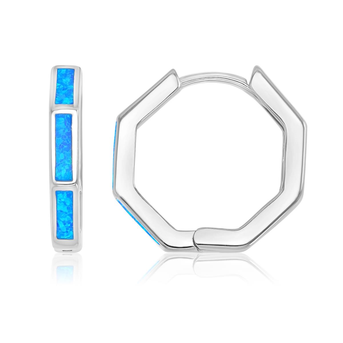 Sterling Silver Rhodium 3X16.5mm Created Blue Opal Octagon Earrings