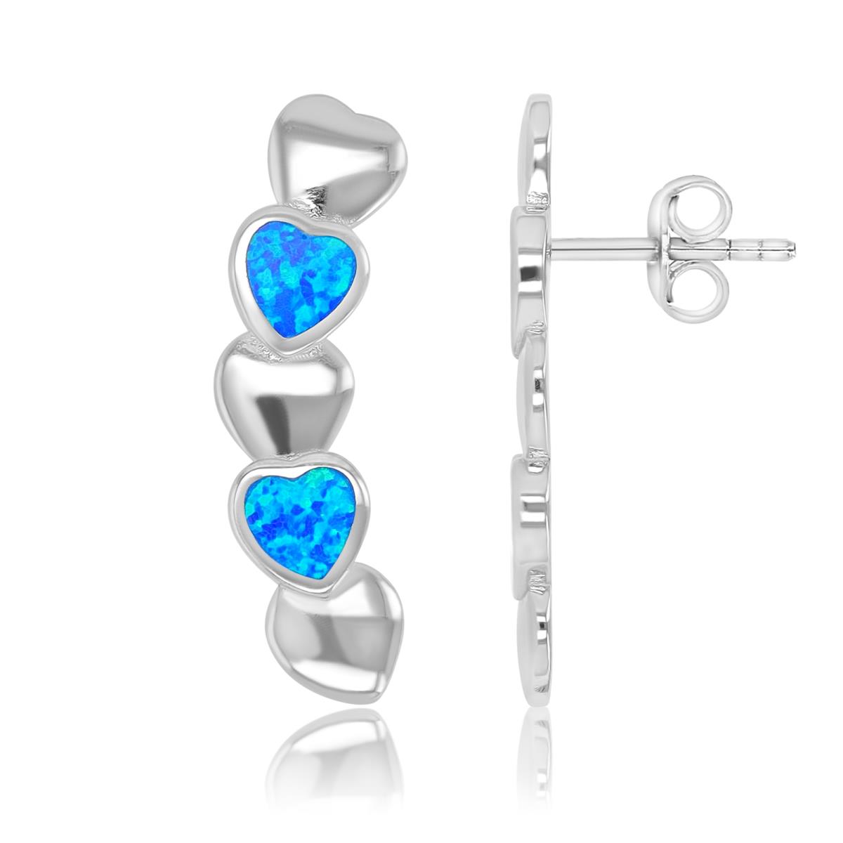 Sterling Silver Rhodium 8X27.3mm Created Blue Opal Hearts Earrings