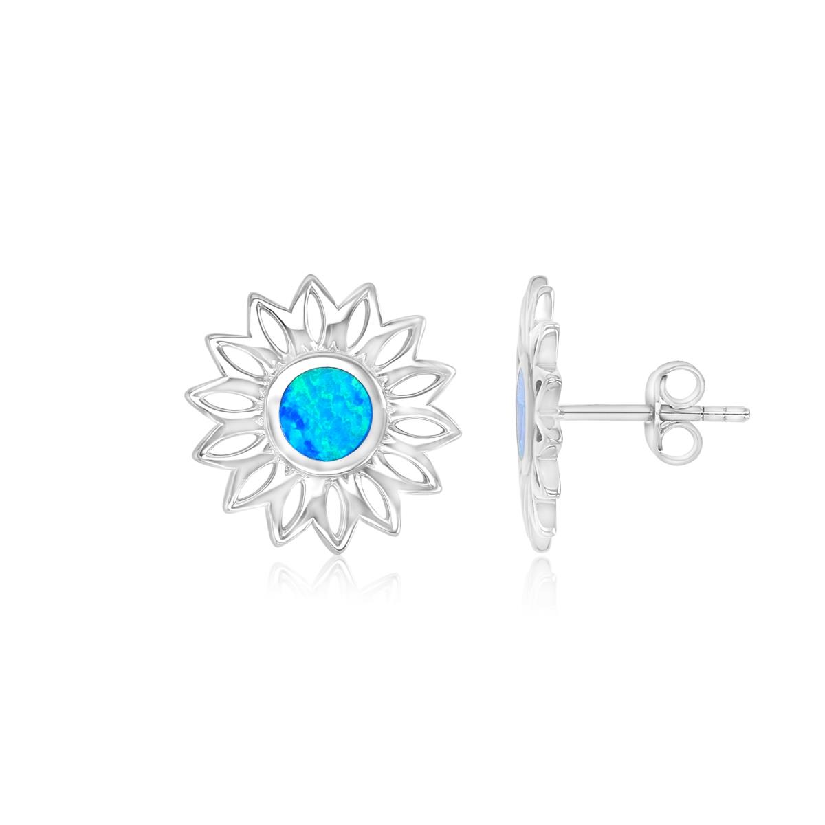 Sterling Silver Rhodium 15mm Created Blue Opal Sunflower Stud Earrings