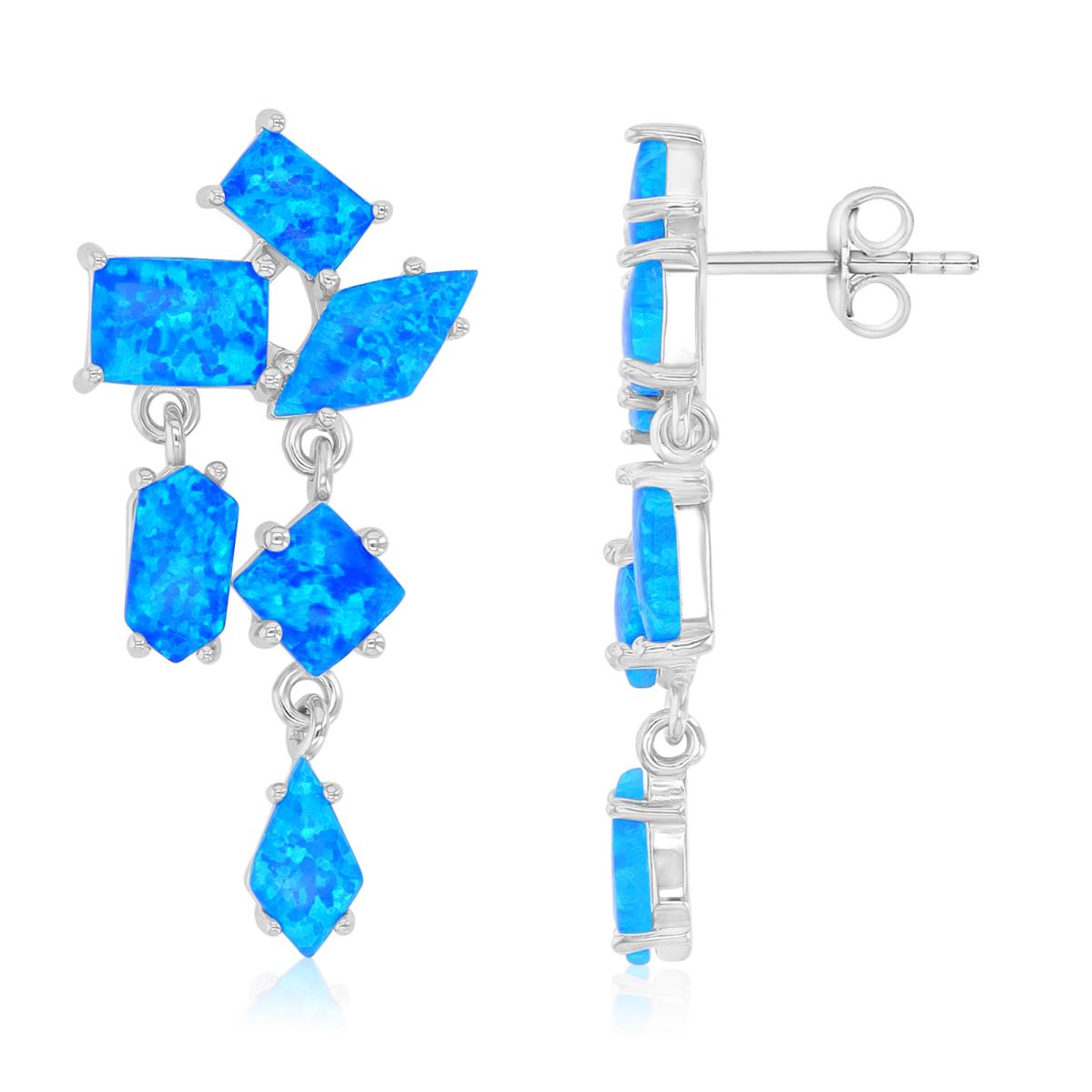 Sterling Silver Rhodium 16X31.5mm Created Blue Opal Multi Shapes Dangling Earrings