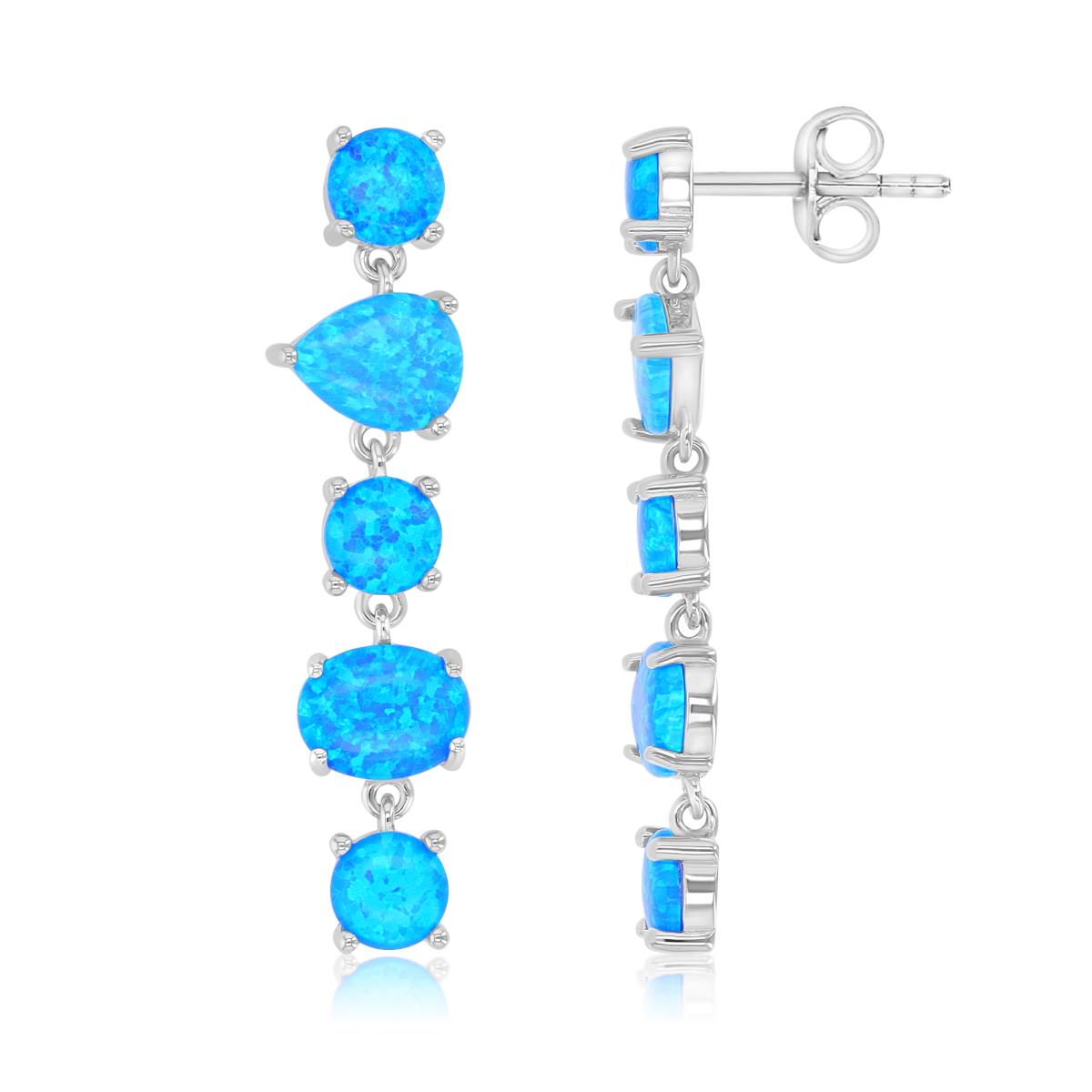 Sterling Silver Rhodium 9X42.5mm Created Blue Opal Dangling Earrings
