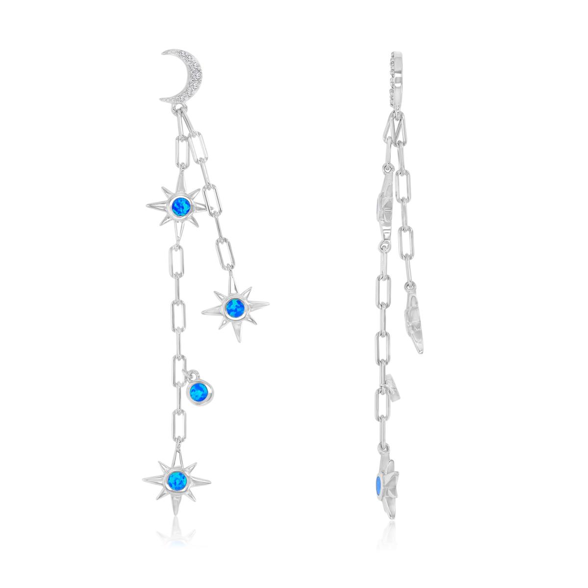 Sterling Silver Rhodium 11X74.8mm Created Blue Opal & White CZ Half Moon And Stars Dangling Earrings