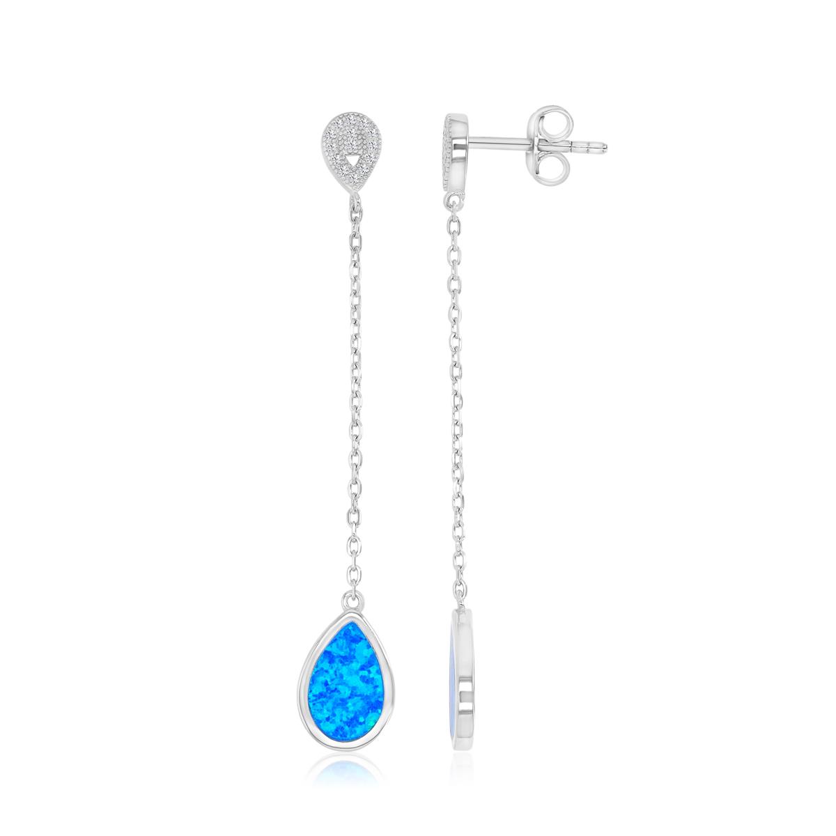Sterling Silver Rhodium 9X56.5mm Created Blue Opal & White CZ Teardrop Dangling Earring